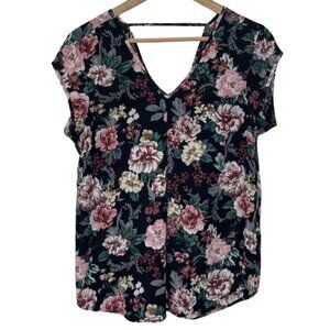 HALOGEN | Floral Short Sleeve Top with Open Back Detail | Size S